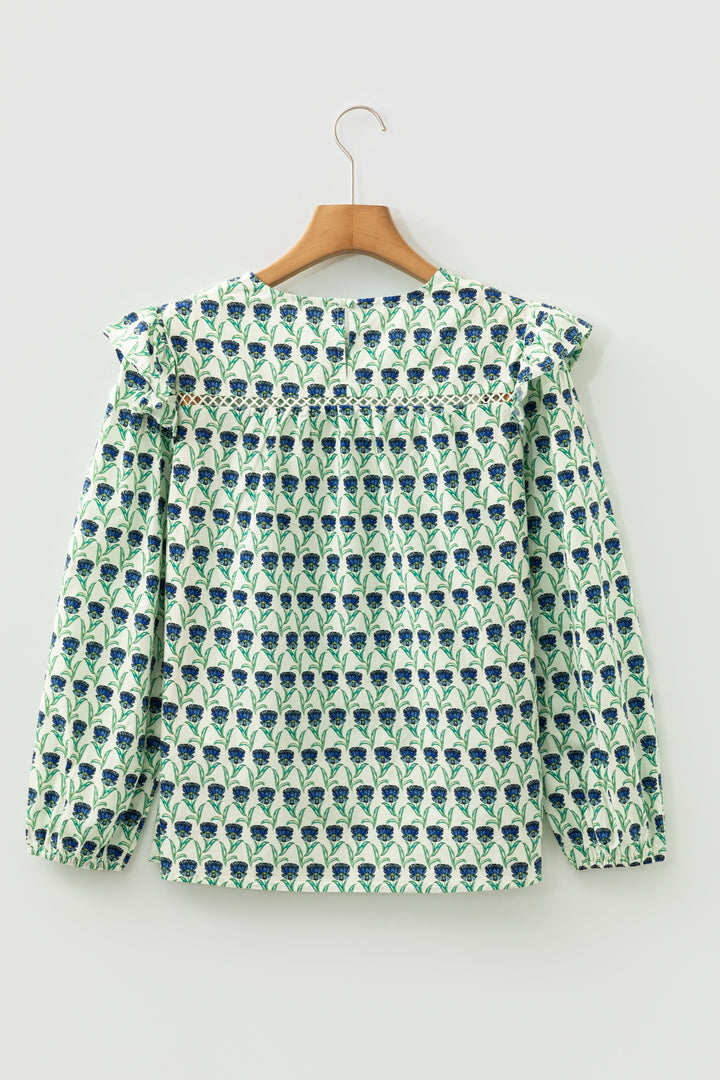 Floral Print Lace Detail Ruffle Trim Long Sleeve Blouse