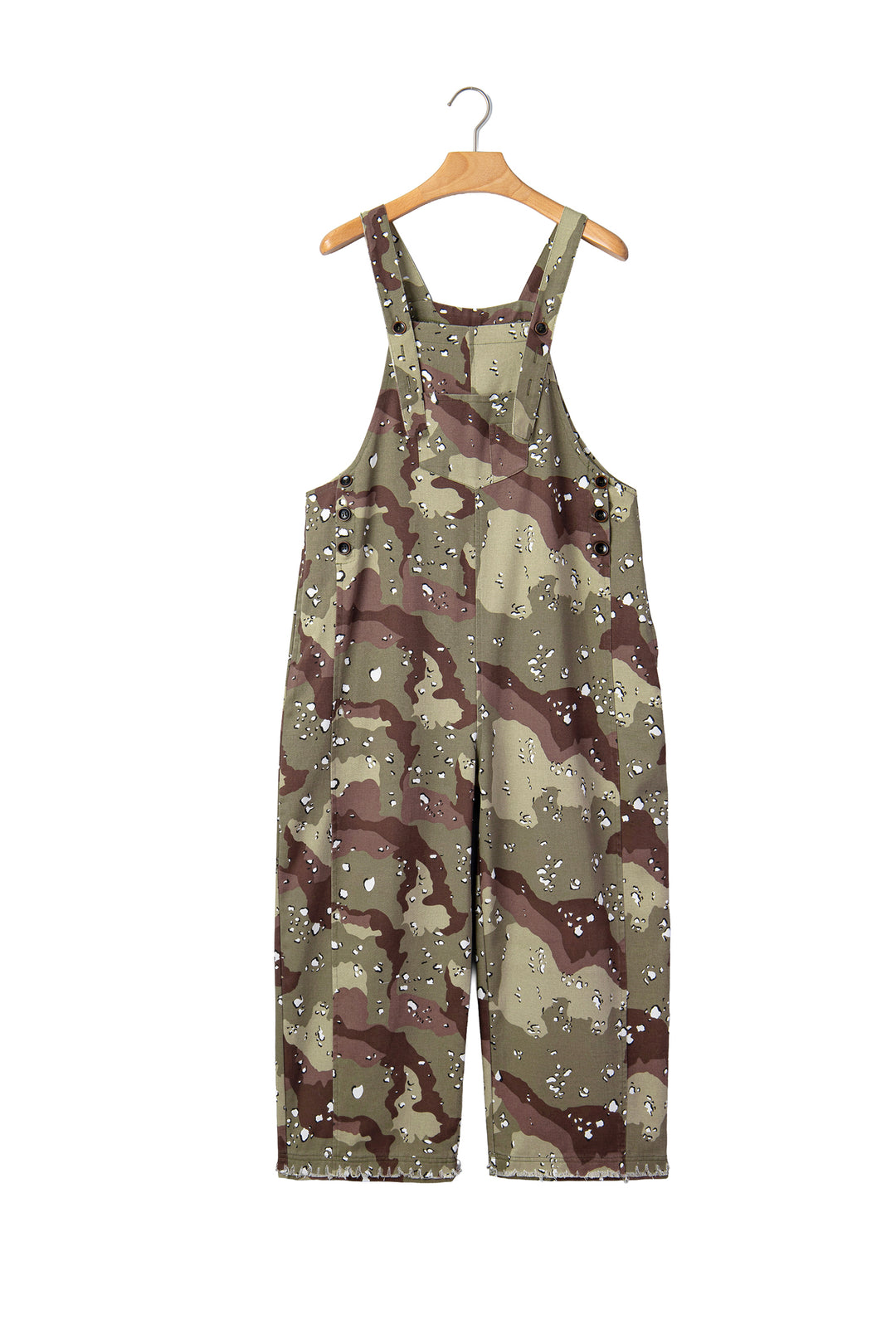 Green Camouflage Print Leopard Detail Loose Denim Overall Cropped Jumpsuit