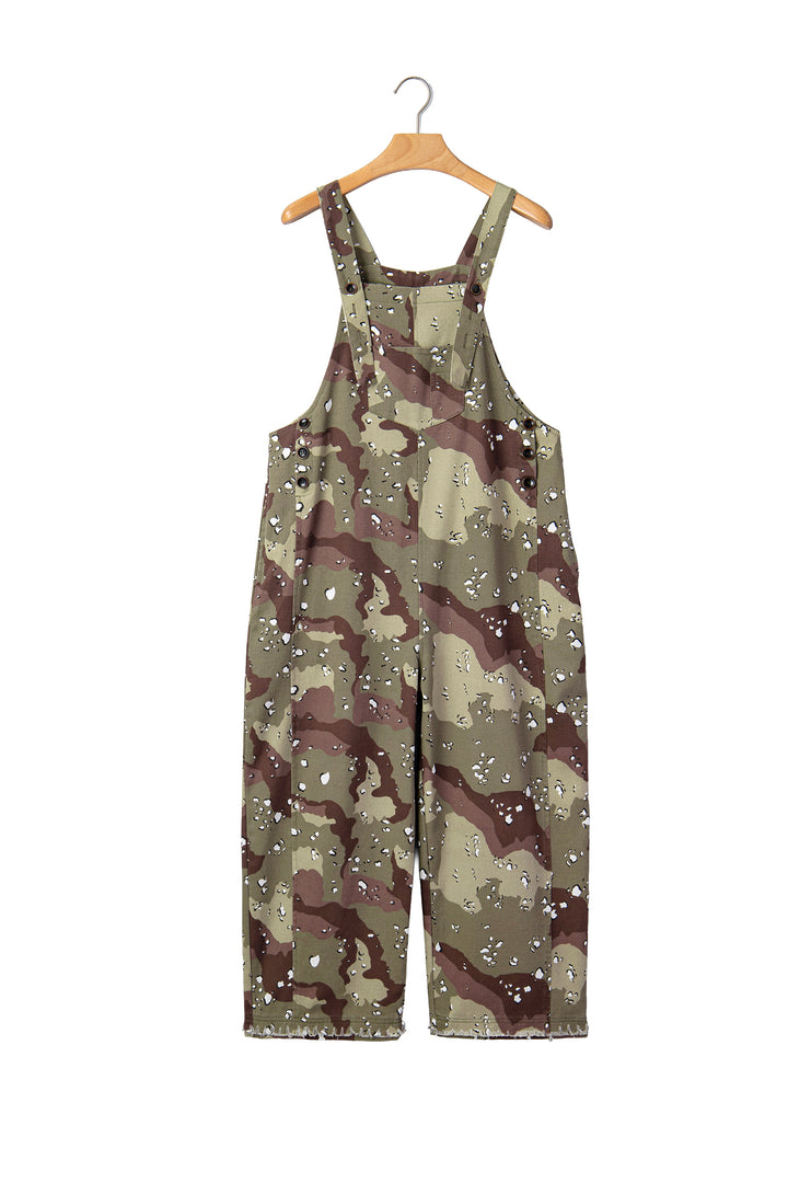 Green Camouflage Print Leopard Detail Loose Denim Overall Cropped Jumpsuit