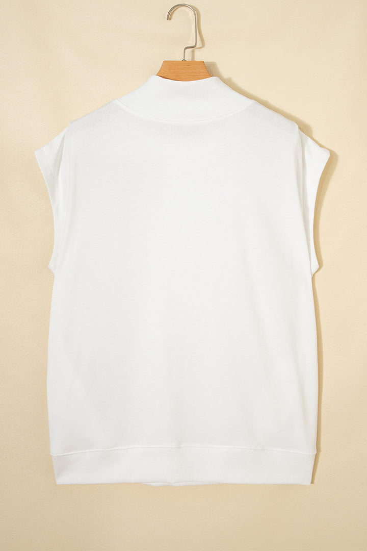White Solid Color High Neck Cap Sleeve Loose Top