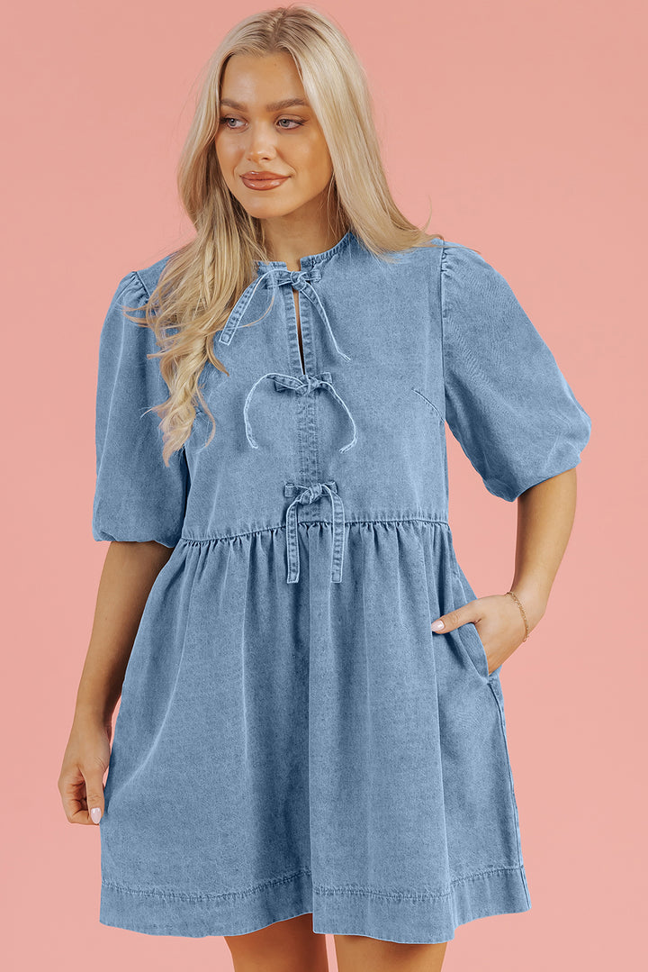Bowknot Bubble Sleeve Short Denim Dress