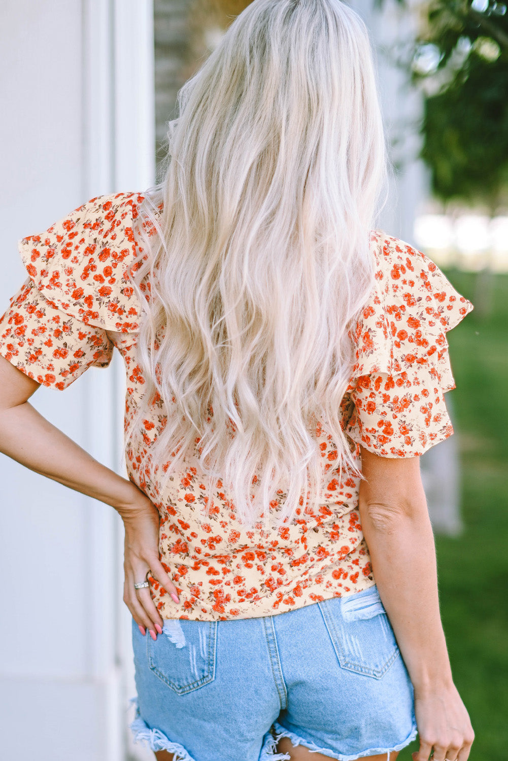 Orange Floral Tiered Flutter Sleeve Blouse