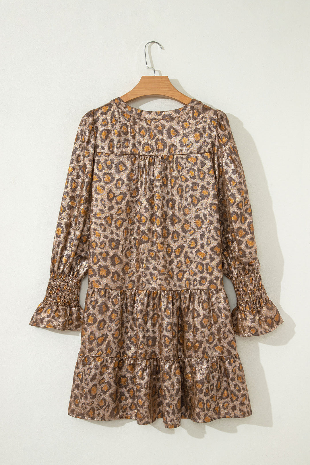 Leopard Print V Neck Ruffled Sleeve Tiered Loose Mini Dress