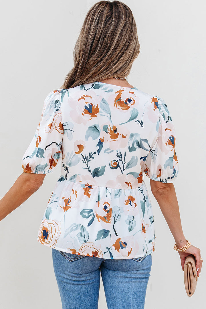 floral print puff sleeve v neck babydoll blouse