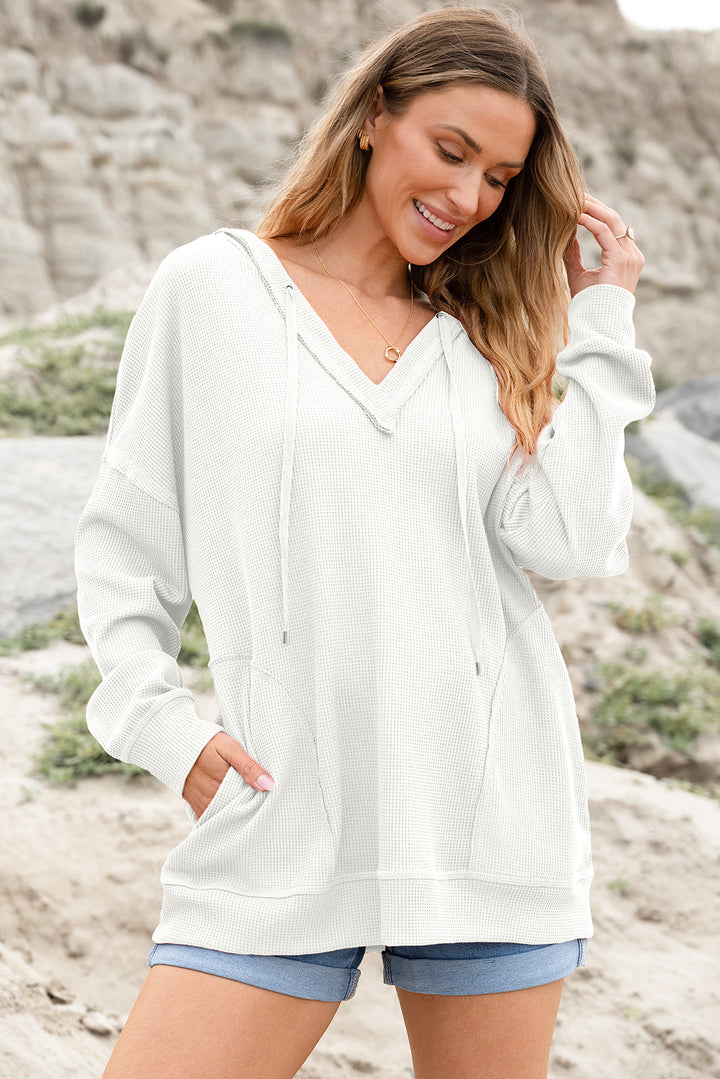 Oversize Waffle Drop Shoulder Exposed Seam V Neck Hoodie with Pockets