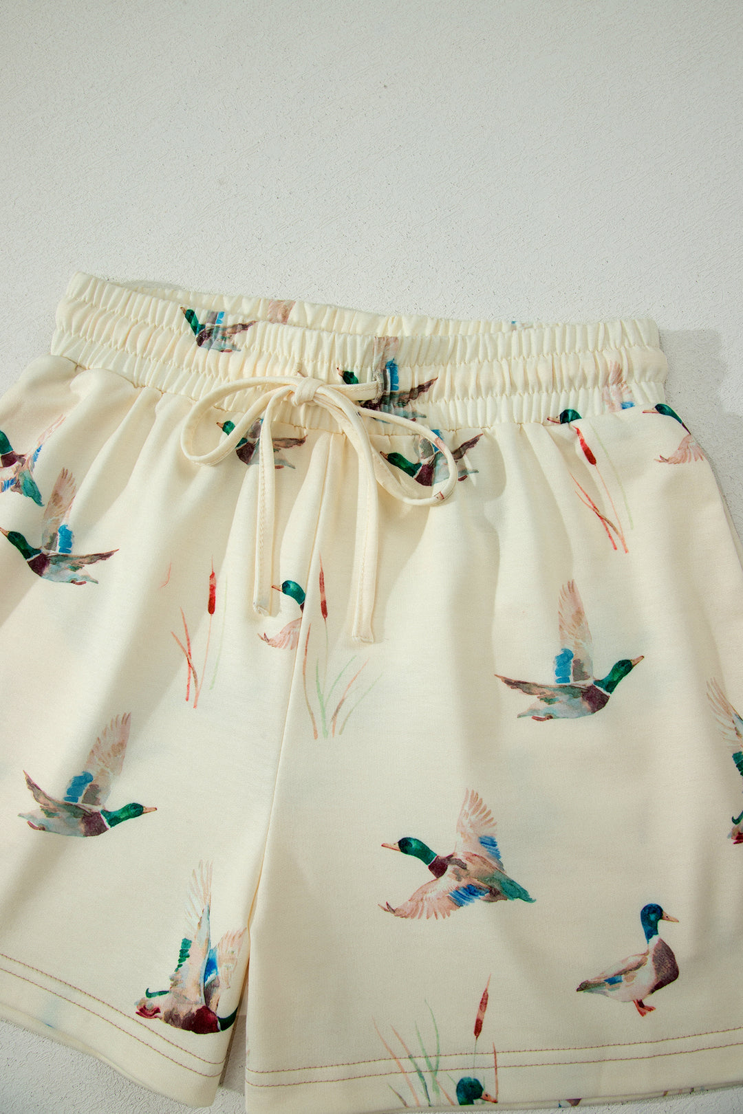Beige Mallard Duck Print Oversized Tee Drawstring Short Set