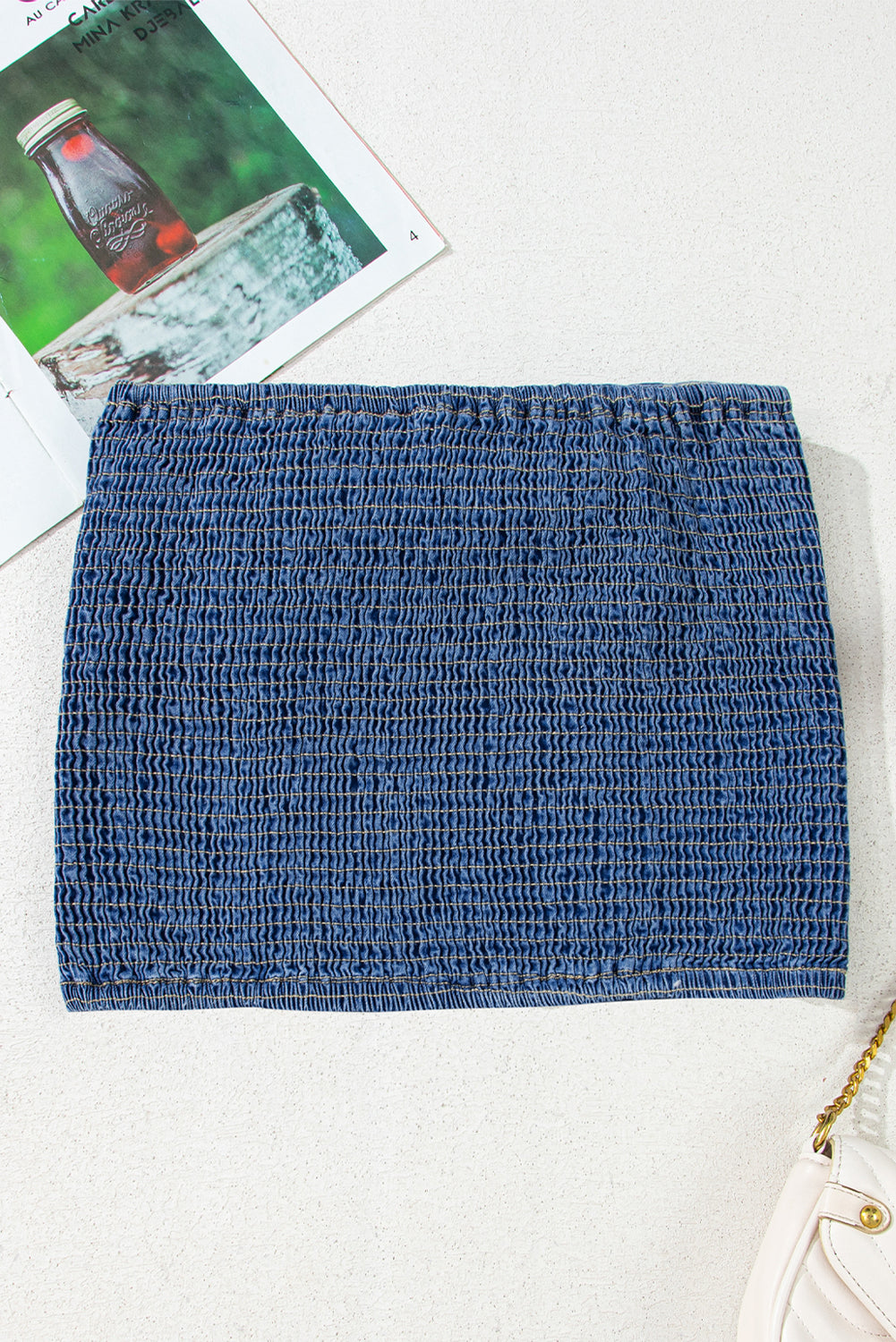 vintage bow front smocked back denim tube top