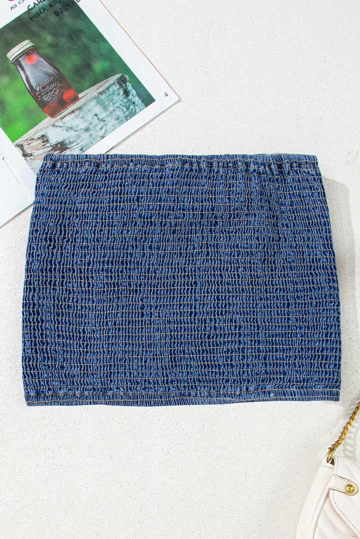 vintage bow front smocked back denim tube top