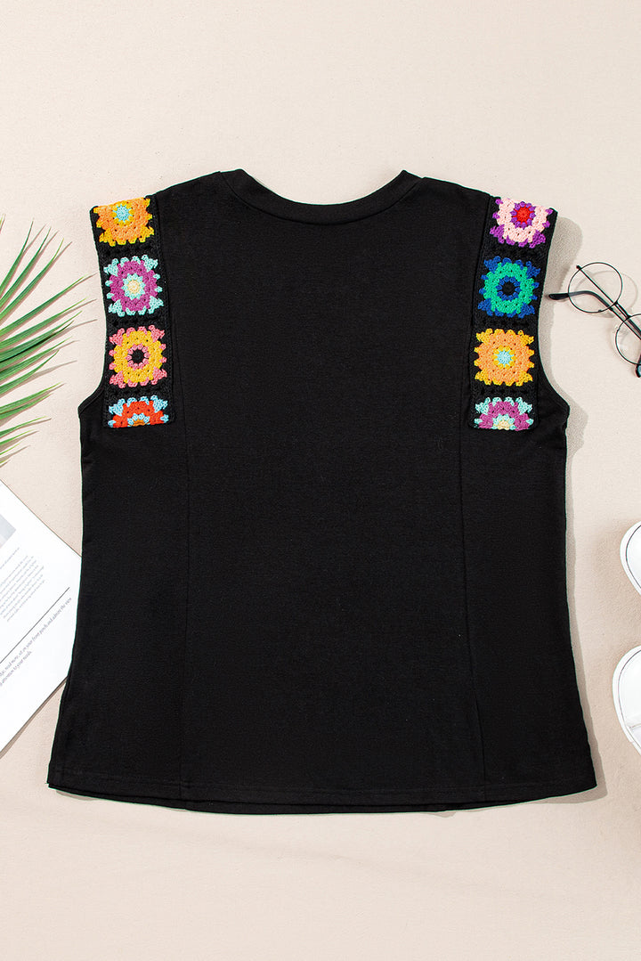 Floral Crochet Patched Sleeve Crew Neck Casual Tank Top