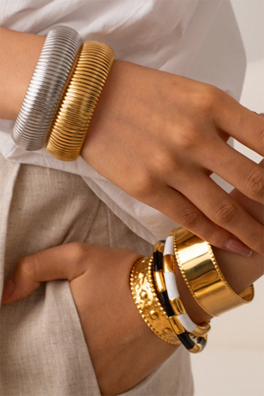 Textured Striped Plated Titanium Steel Chunky Bangle