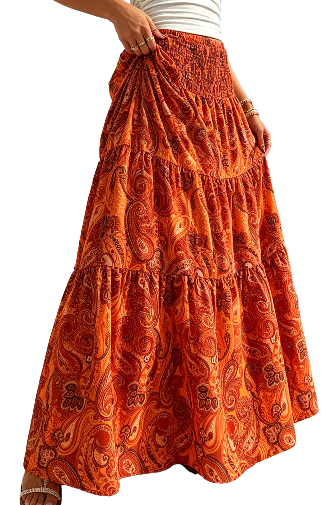 Flamingo Boho Vintage Paisley Print Tiered Long Skirt