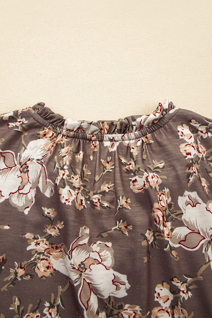 retro floral print tassel tie split neck short sleeve blouse