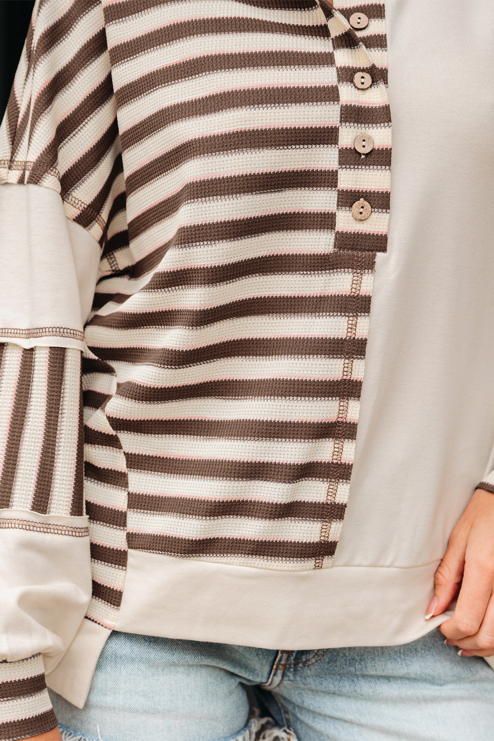 Khaki Stripe Color Block Patchwork Oversized Pullover Top