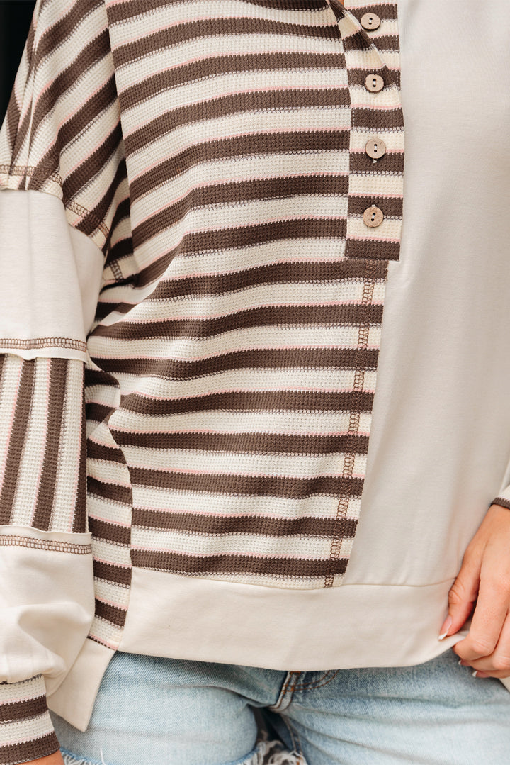 Khaki Stripe Color Block Patchwork Oversized Pullover Top
