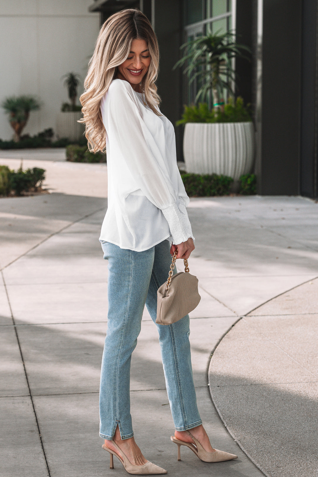 Smocked Cuffs Semi Sheer Long Sleeve Dolman Blouse