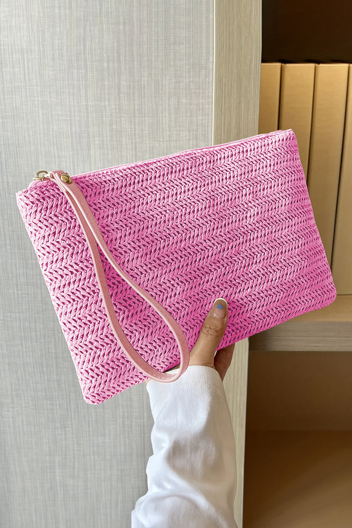 Straw Woven Wrist Strap Zipper Large Wallet