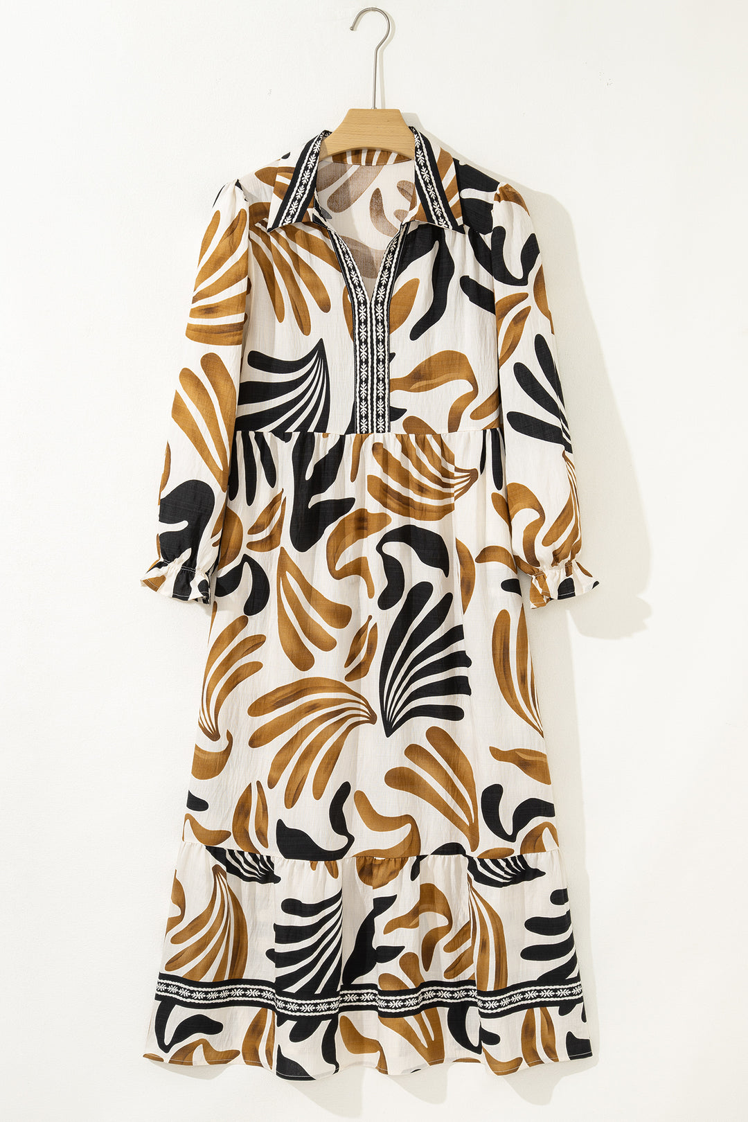 Tropical Printed Contrast Trim Neck Long Sleeve Ruffle Hem Dress