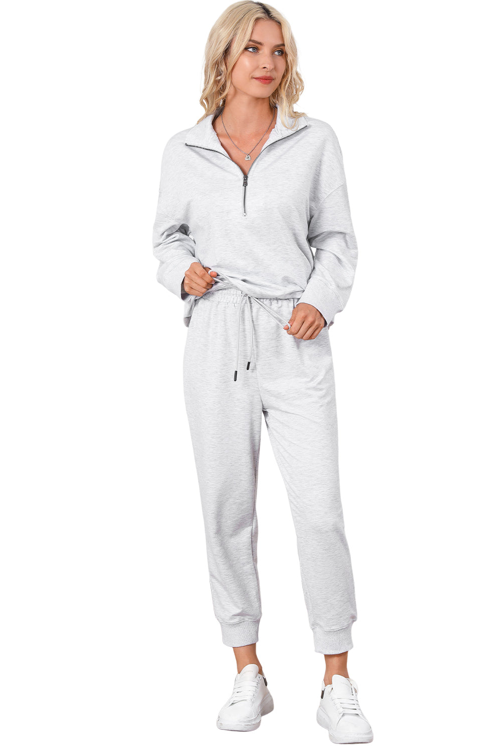 Solid Half Zipped Drawstring High Waist Lounge Set