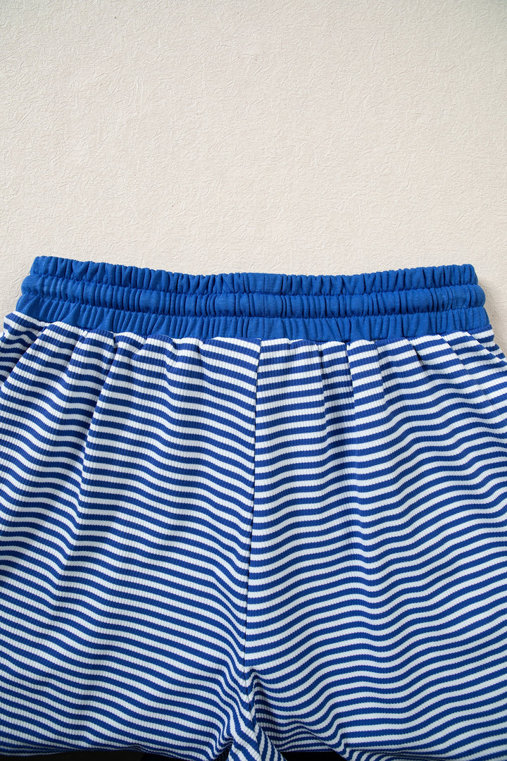 Blue Stripe Oversized Long Sleeve Top Drawstring Loose Shorts 2pcs Set