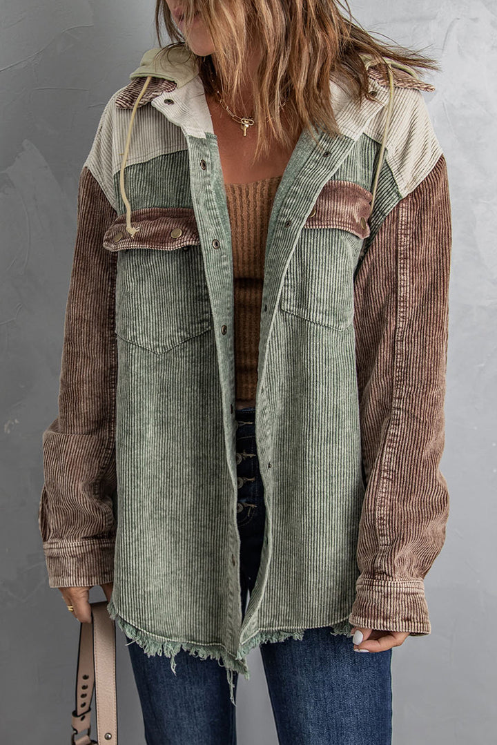 Color Block Button Down Hooded Corduroy Jacket