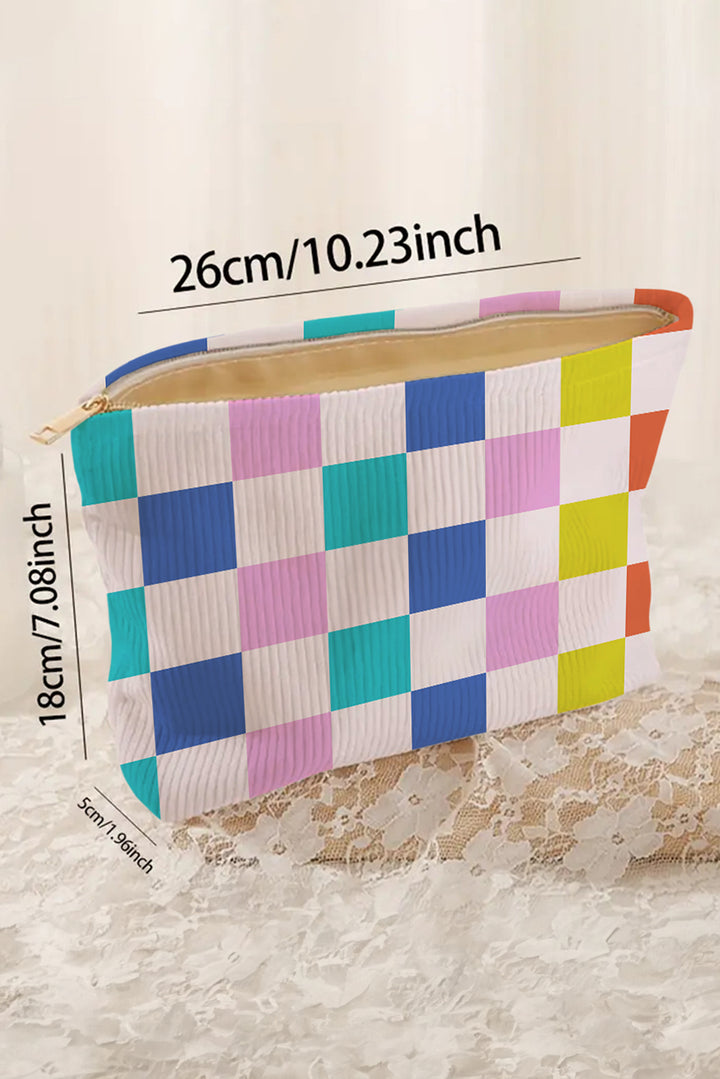 Color Block Checkered Zipper Corduroy Cosmetic Bag