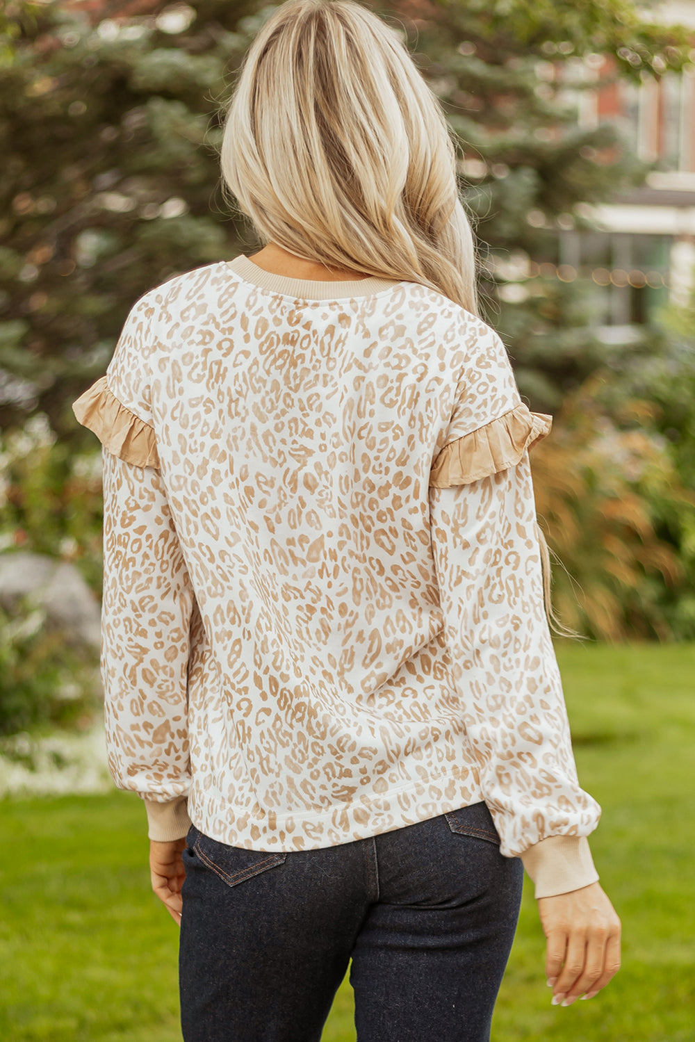 Leopard Ruffle Detail Ribbed Trim Round Neck Sweatshirt