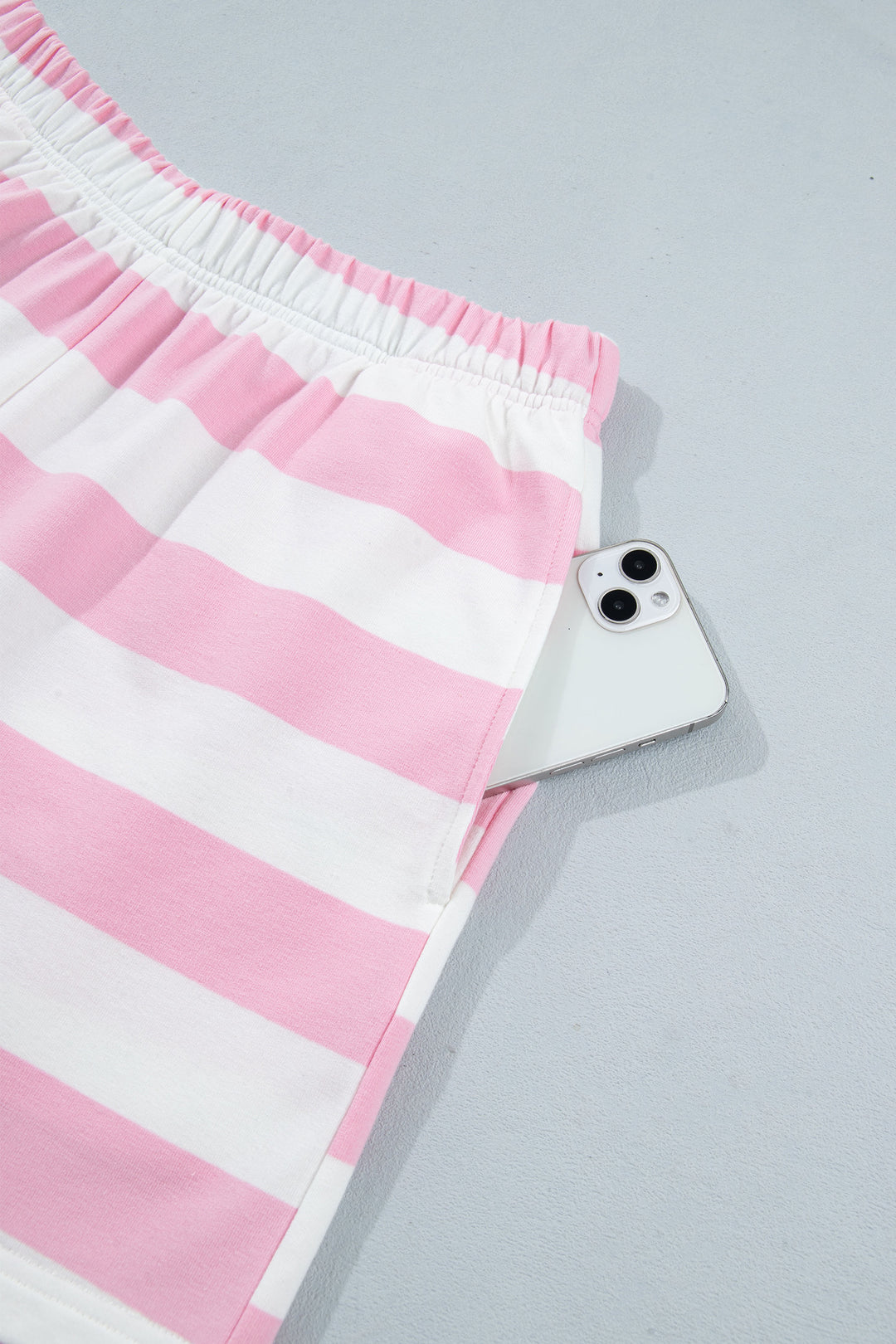 Pink Stripe Patchwork Zipper Pullover Elastic Waist Shorts 2pcs Set