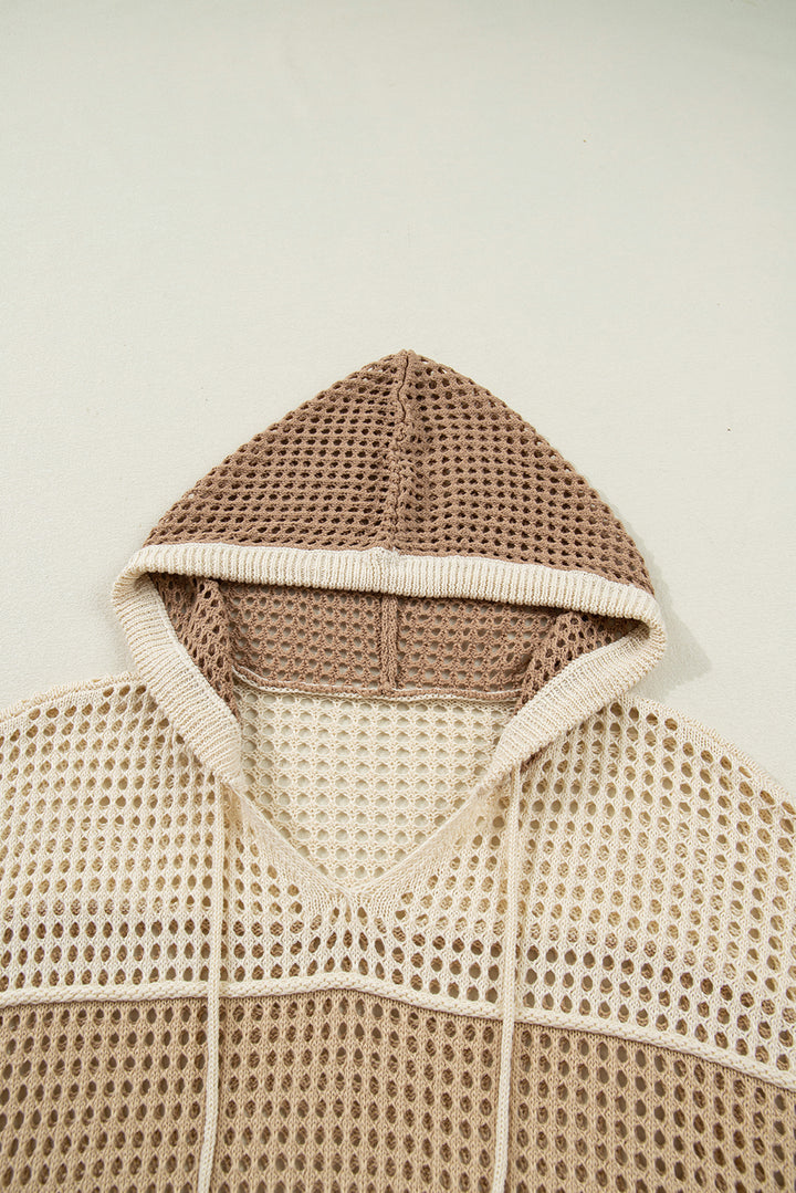 Parchment Colorblock Hollowed Knit Plus Size Hooded Jumper Sweater