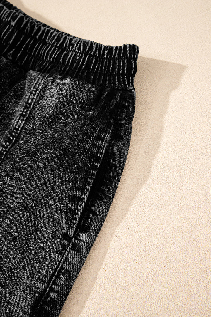 Black Drawstring Elastic Waistband Pocketed Denim Shorts