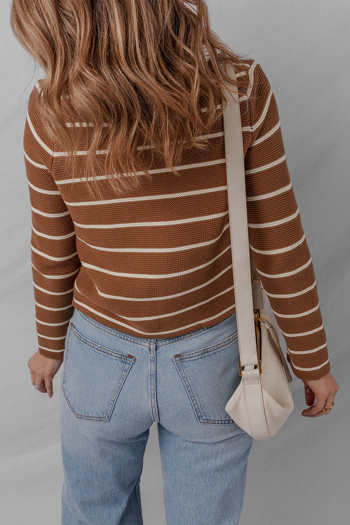 Tie Front Striped Knit V Neck Cardigan Sweater