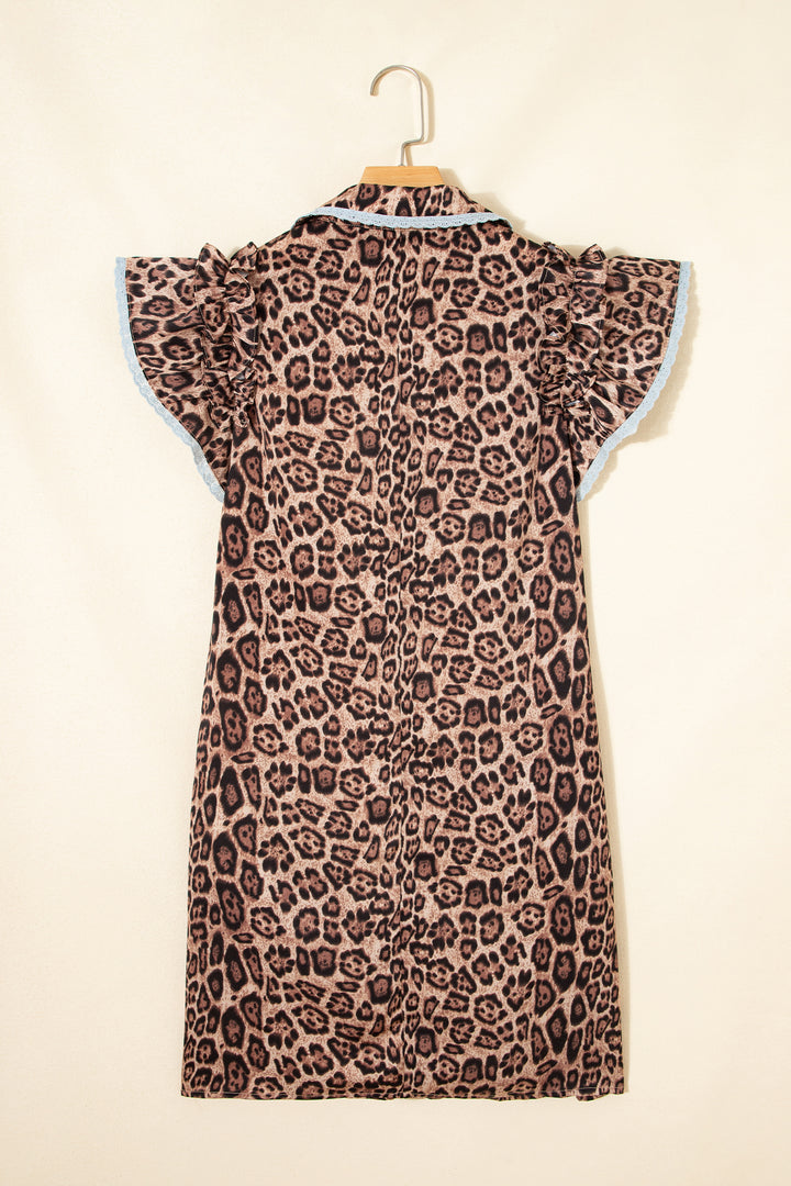 Khaki Leopard Print Lace Trim Shirt Collar Button Down Loose Mini Dress