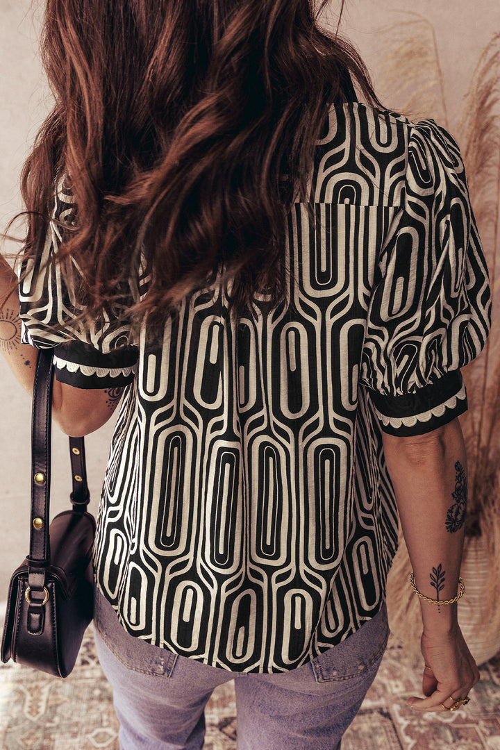 Geometric Print Contrast Scallop Color Block Patchwork Short Sleeve Blouse