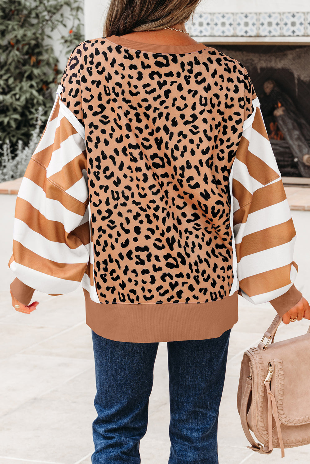 Color Block Patchwork Leopard Casual Sweatshirt with Slits