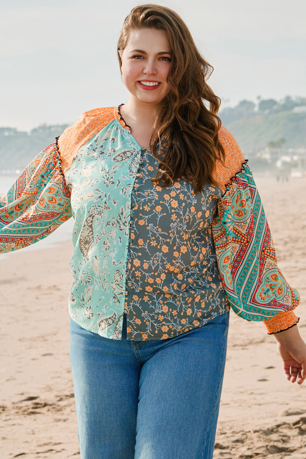 Floral Patchwork Lantern Sleeve Buttoned V Neck Plus Size Blouse