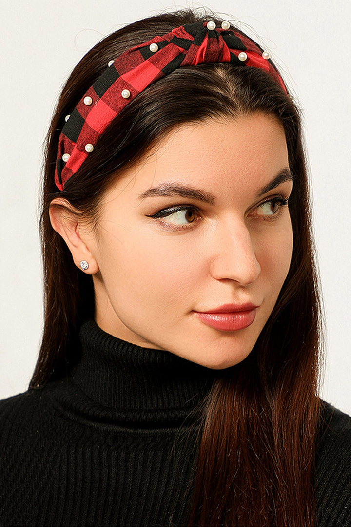 Bandeau noué à carreaux de Noël avec décoration en perles