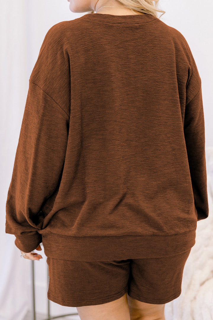 Chestnut Long Sleeve Top Elastic Waist Shorts Plus Size Set