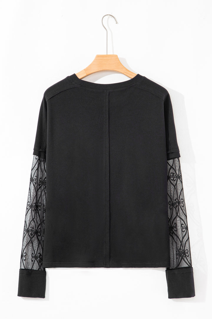 Solid Color Bow Textured Patchwork Long Sleeve Tee