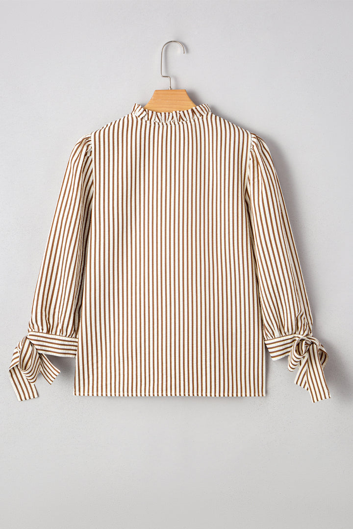 Striped Print Tied Cuffs Split Neck Seersucker Blouse