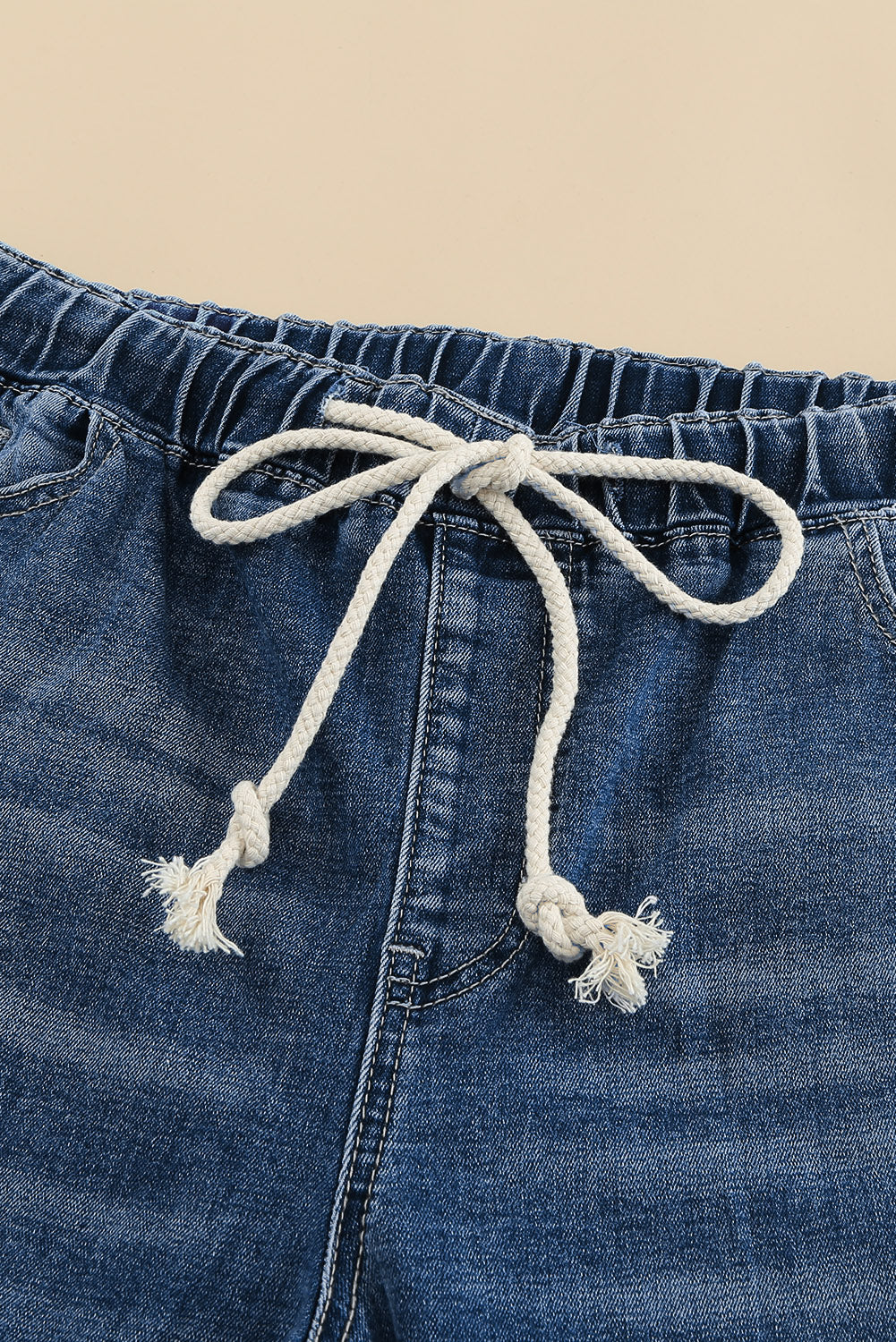 Dark Blue Elastic Waist Straight Leg Destroyed Raw Hem Jeans