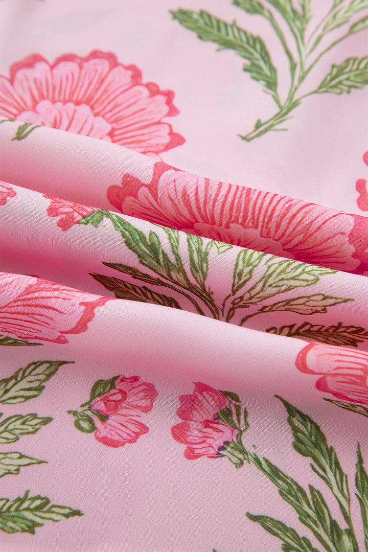 Pink Sweet Blooms Ruffle Striped Trim Puff Sleeve Shirt