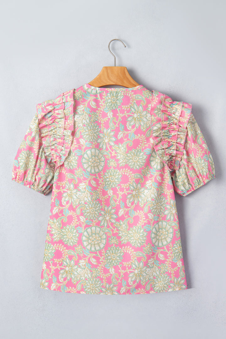 Pink Tie V Neck Floral Short Puff Sleeve Blouse