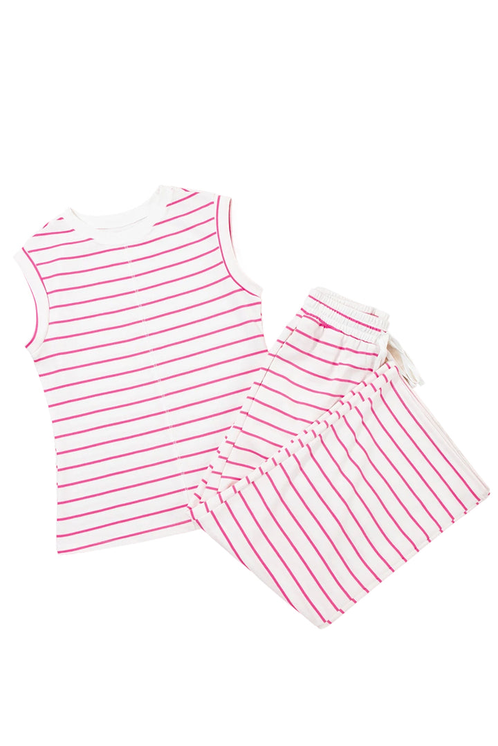 Rose Stripe Casual Wide Leg 2pcs Pants Set