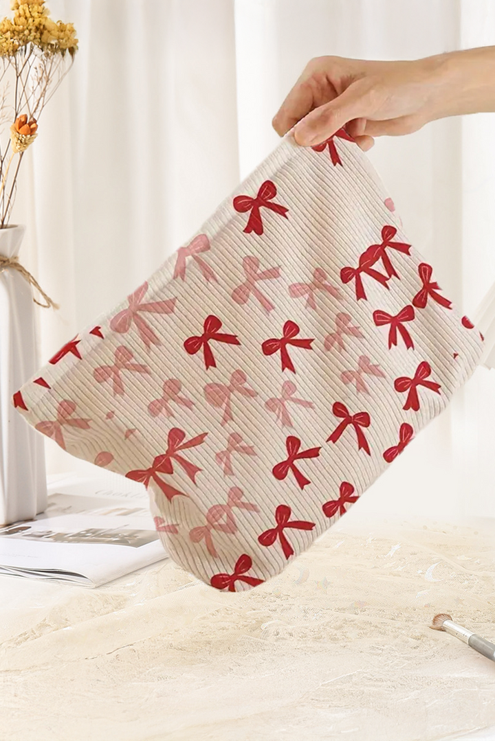 Bows Print Zipped Corduroy Makeup Storage Bag