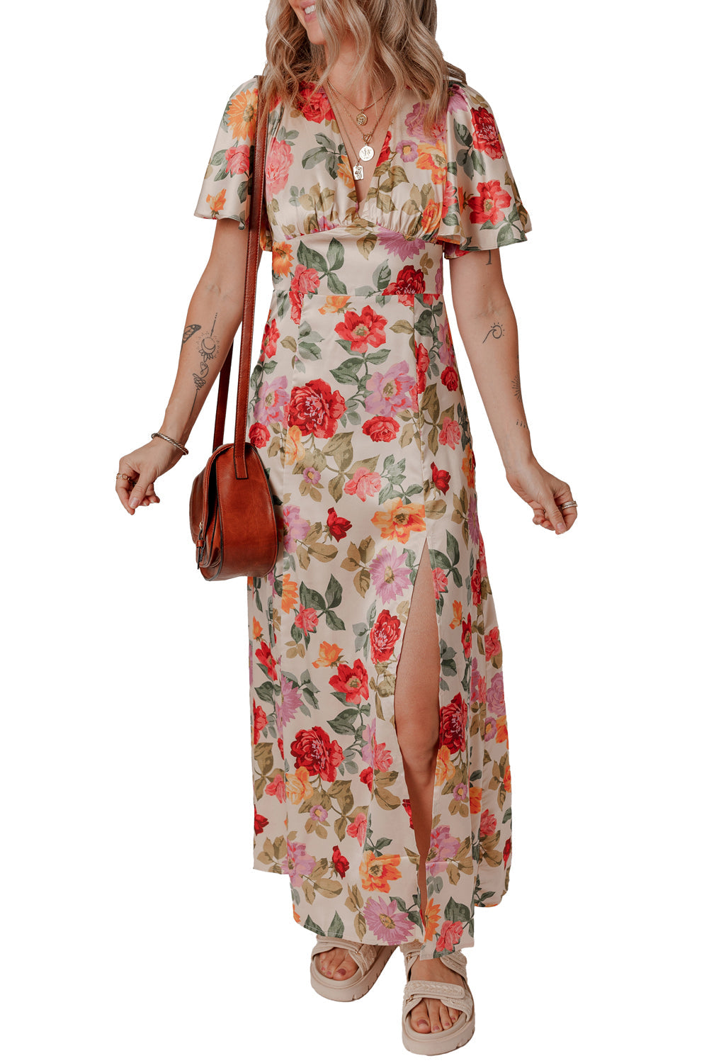 Vintage Floral V Neck Short Sleeve Tie Back Long Slit Dress