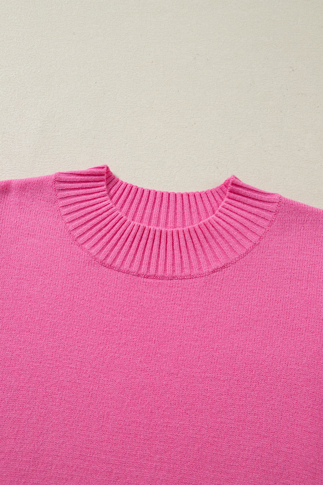 Solid Color Ribbed Trim Round Neck Ruffle Short Sleeve Sweater