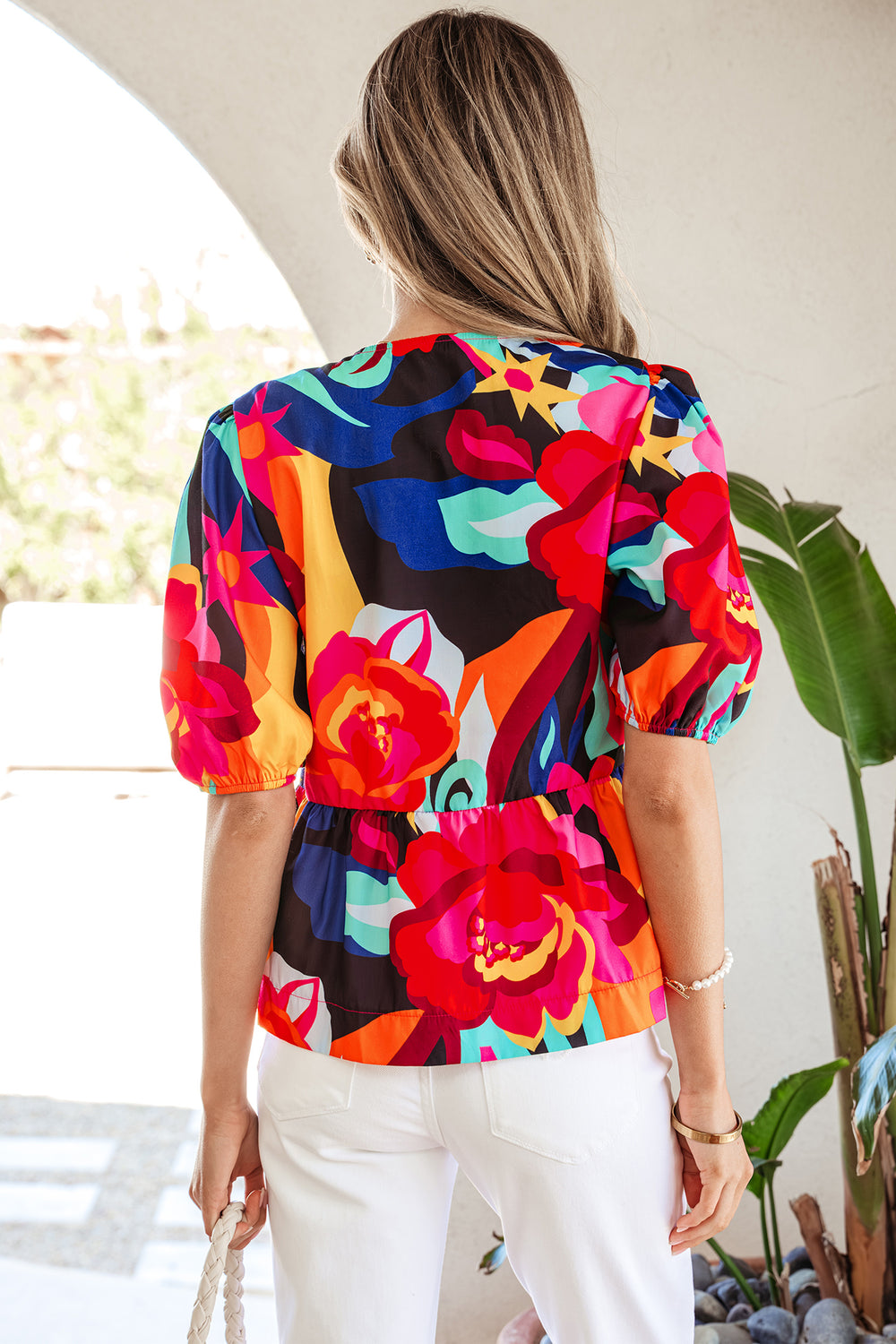 Abstract Floral Print Front Tied Puff Sleeve Babydoll Blouse