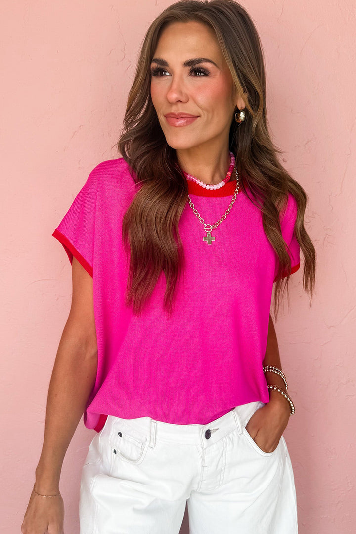 Contrast Trim Round Neck Short Sleeve Loose Knit Sweater