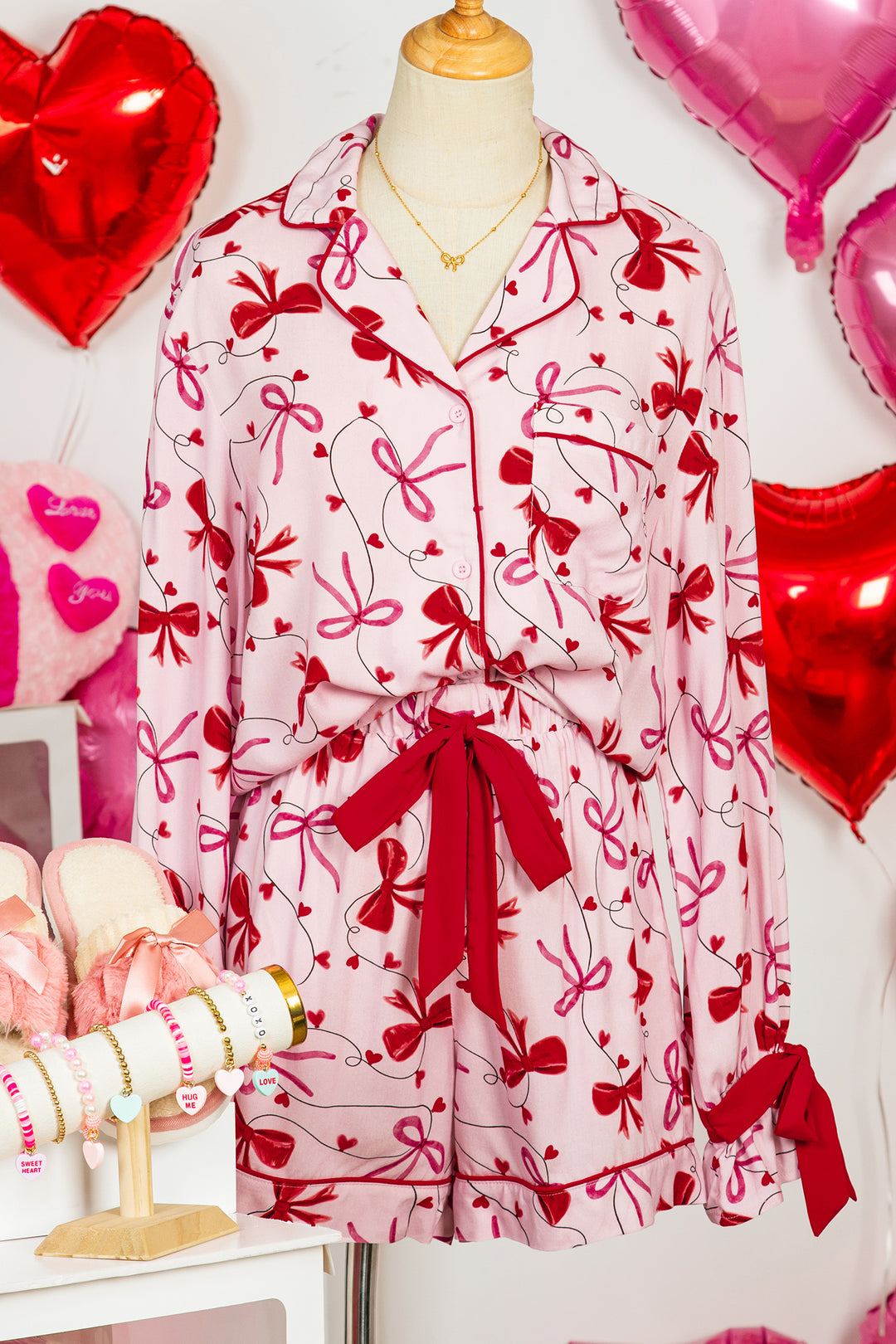 Red Bow Print Valentine Long Sleeve Shirt Shorts 2 Pcs Pajama Set