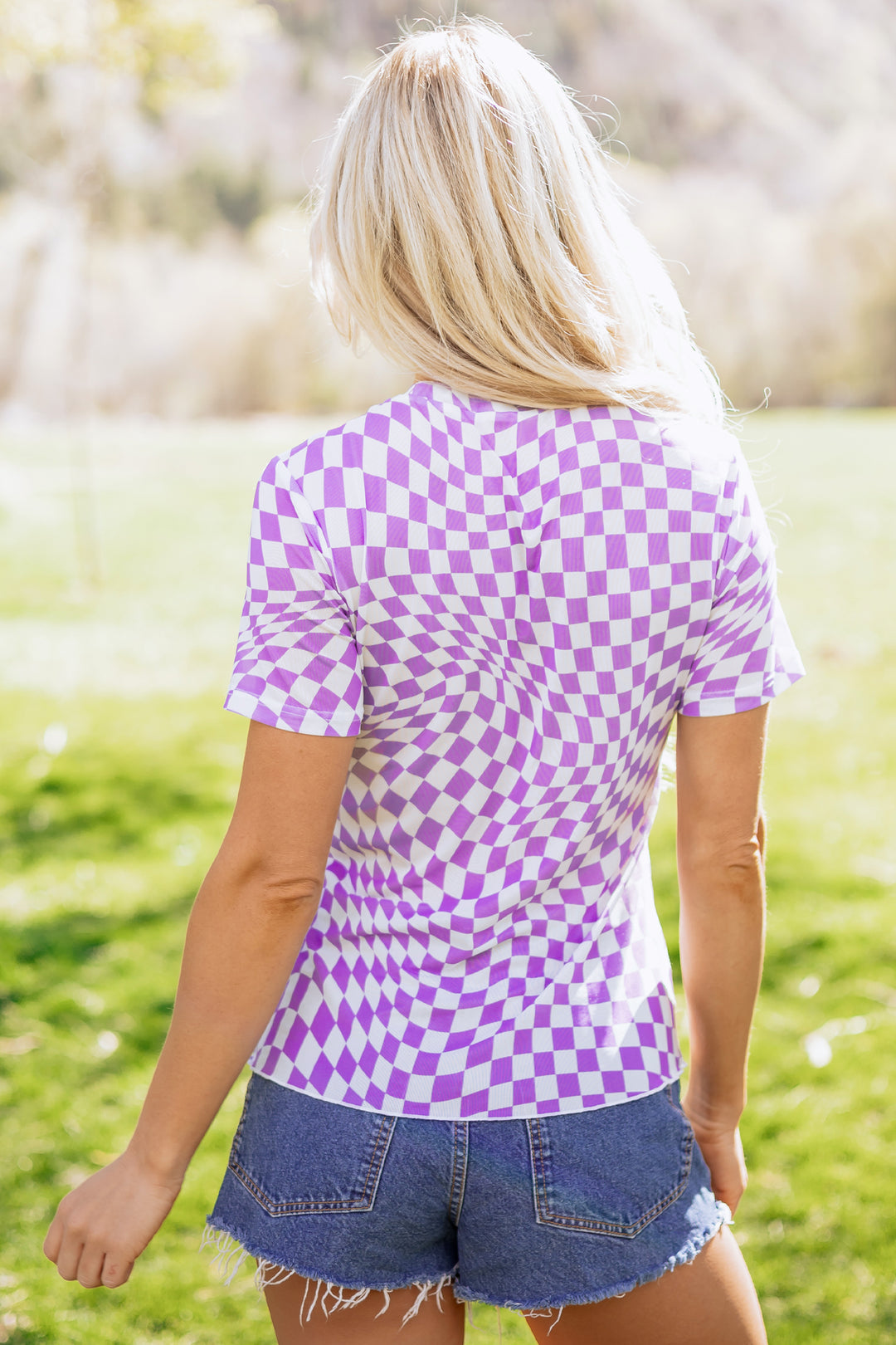 Checkered Print Crew Neck Mesh T Shirt