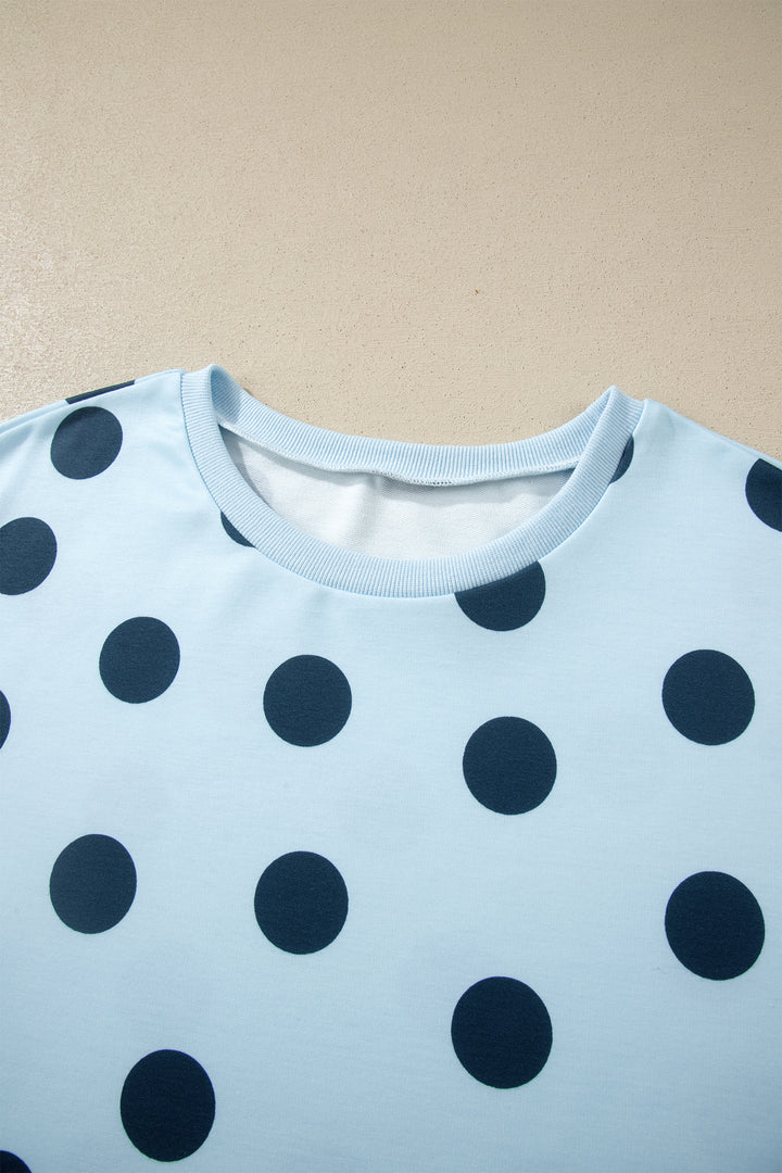 Sky Blue Polka Dot Print Loose Tee Drawstring Elastic Waist Short Set